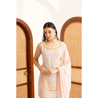 Ajiesh Oberoi Peach Kurti with Sharara and Dupatta (Set of 3)