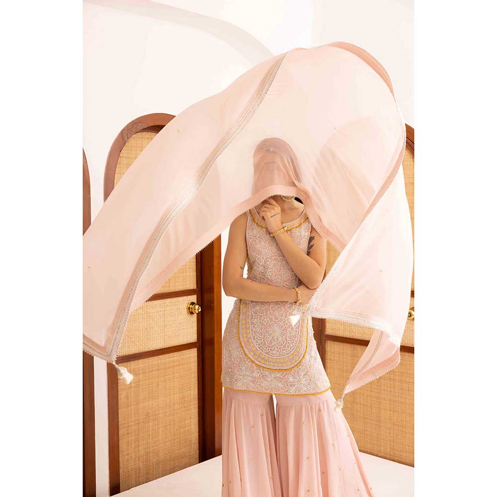 Ajiesh Oberoi Peach Kurti with Sharara and Dupatta (Set of 3)