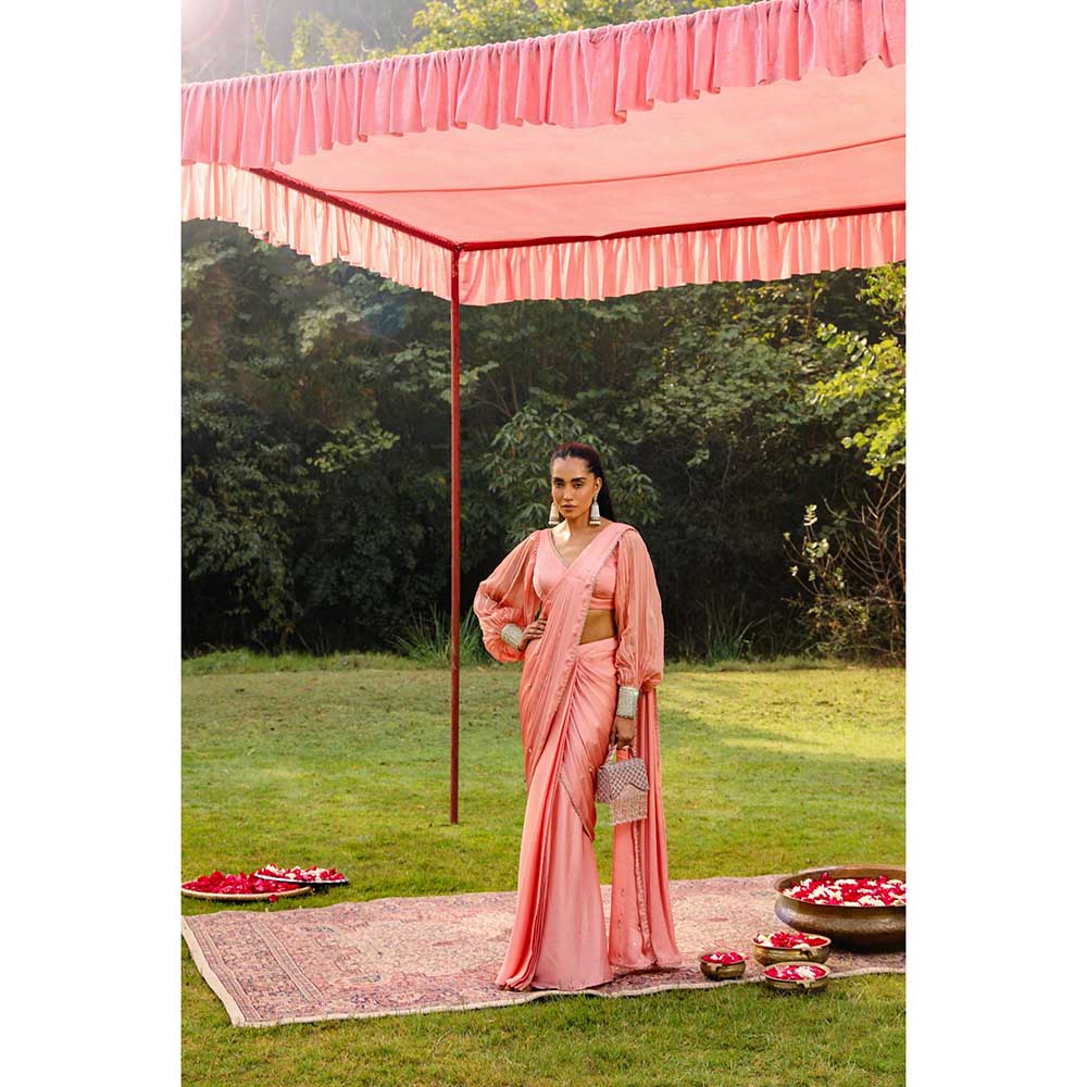 Ajiesh Oberoi Princess Sleeves Scalps Pre Stitched Drape Saree With Stitched Blouse - Pink