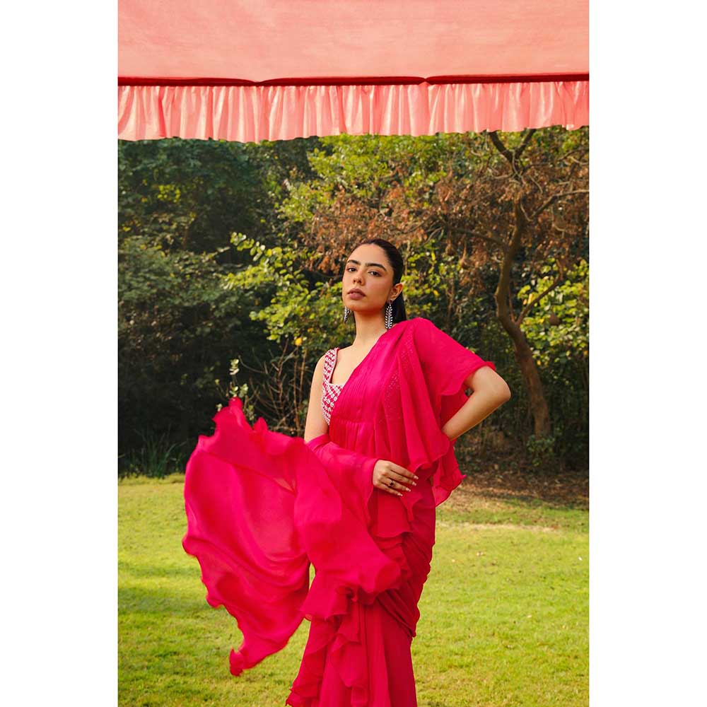 Ajiesh Oberoi Crystal Jaal Work Heavy Stitched Blouse With Pre Drape Saree - Pink