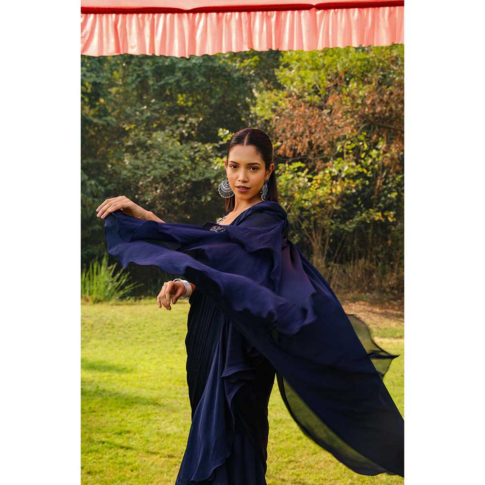 Ajiesh Oberoi Embellished Stitched Blouse With Pre-Draped Frill Saree - Navy Blue