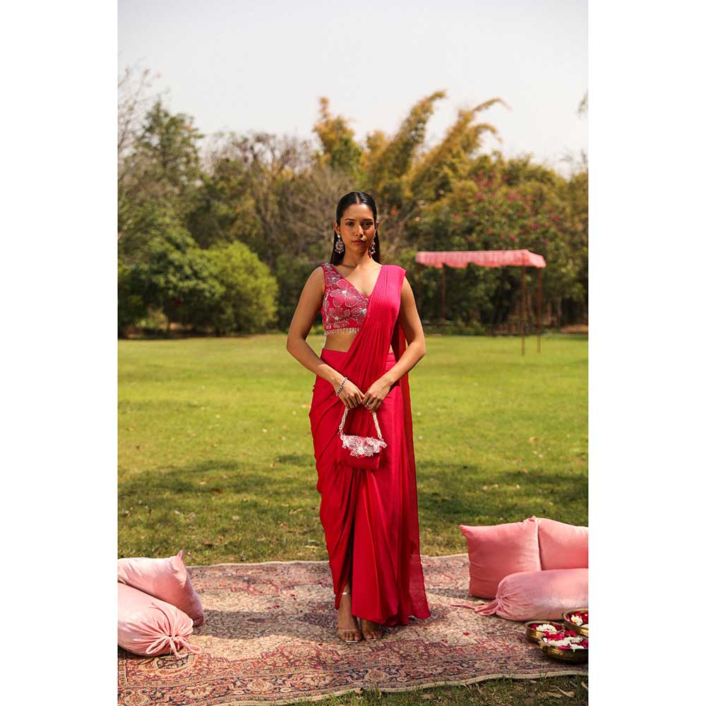 Ajiesh Oberoi Scattered Flowers Embellished Stitched Blouse With Side Slit Pickup Saree