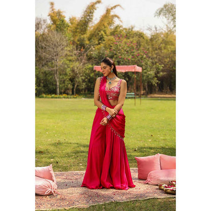 Ajiesh Oberoi Scalp Dori Embroidery Stitched Blouse Paired With Draped Sharara Saree - Pink