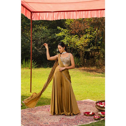 Ajiesh Oberoi Scalp Dori Embroidery Stitched Blouse Paired With Draped Sharara Saree - Gold