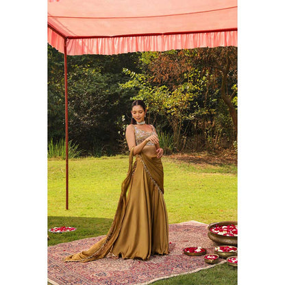 Ajiesh Oberoi Scalp Dori Embroidery Stitched Blouse Paired With Draped Sharara Saree - Gold