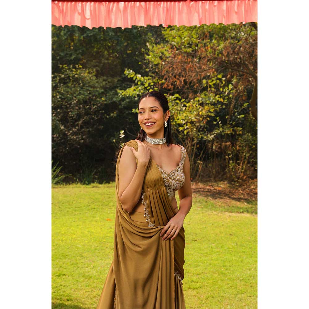 Ajiesh Oberoi Scalp Dori Embroidery Stitched Blouse Paired With Draped Sharara Saree - Gold