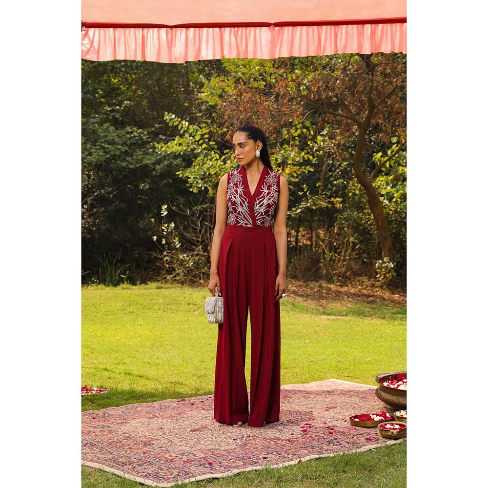 Ajiesh Oberoi Flora Inspired Yoke Embroidery Flared Jumpsuit - Maroon