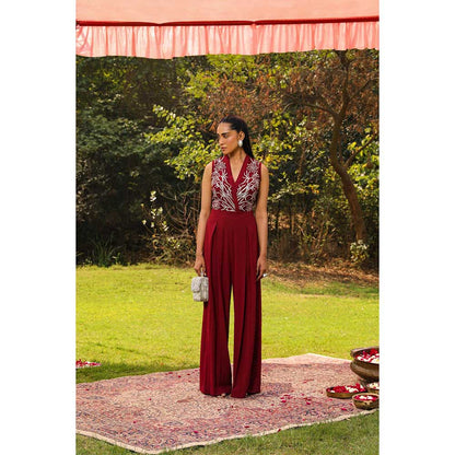 Ajiesh Oberoi Flora Inspired Yoke Embroidery Flared Jumpsuit - Maroon