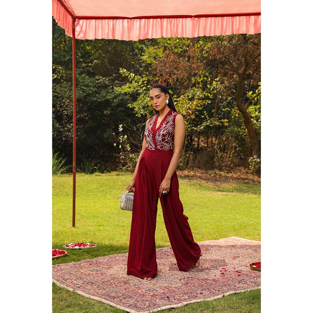Ajiesh Oberoi Flora Inspired Yoke Embroidery Flared Jumpsuit - Maroon