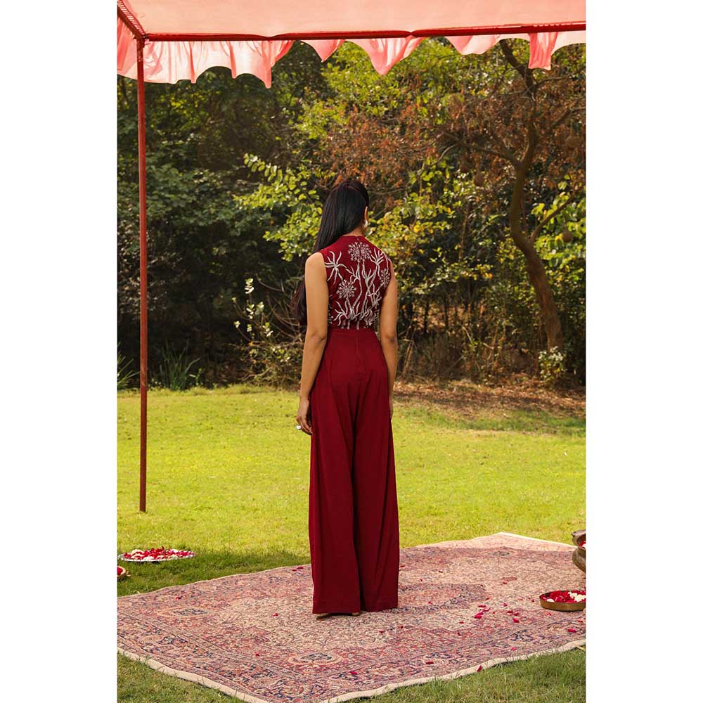 Ajiesh Oberoi Flora Inspired Yoke Embroidery Flared Jumpsuit - Maroon