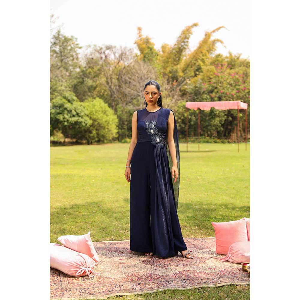 Ajiesh Oberoi Flora Inspired Yoke Embroidery Flared Jumpsuit - Navy Blue
