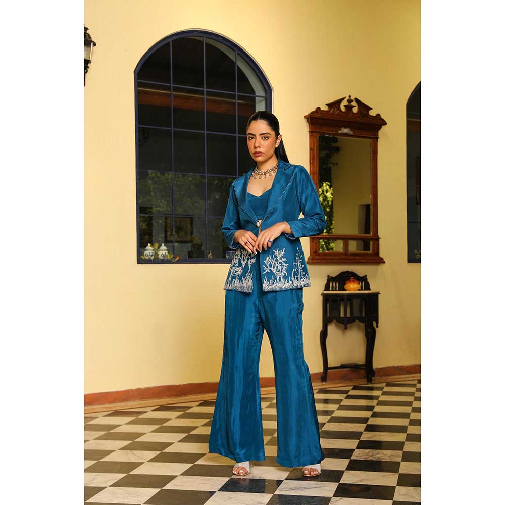 Ajiesh Oberoi Crystal Sleeves Deer Embroidery Jacket With Pant And Bustier- Teal