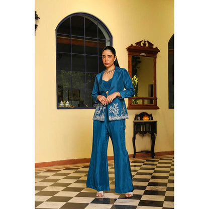 Ajiesh Oberoi Crystal Sleeves Deer Embroidery Jacket With Pant And Bustier- Teal