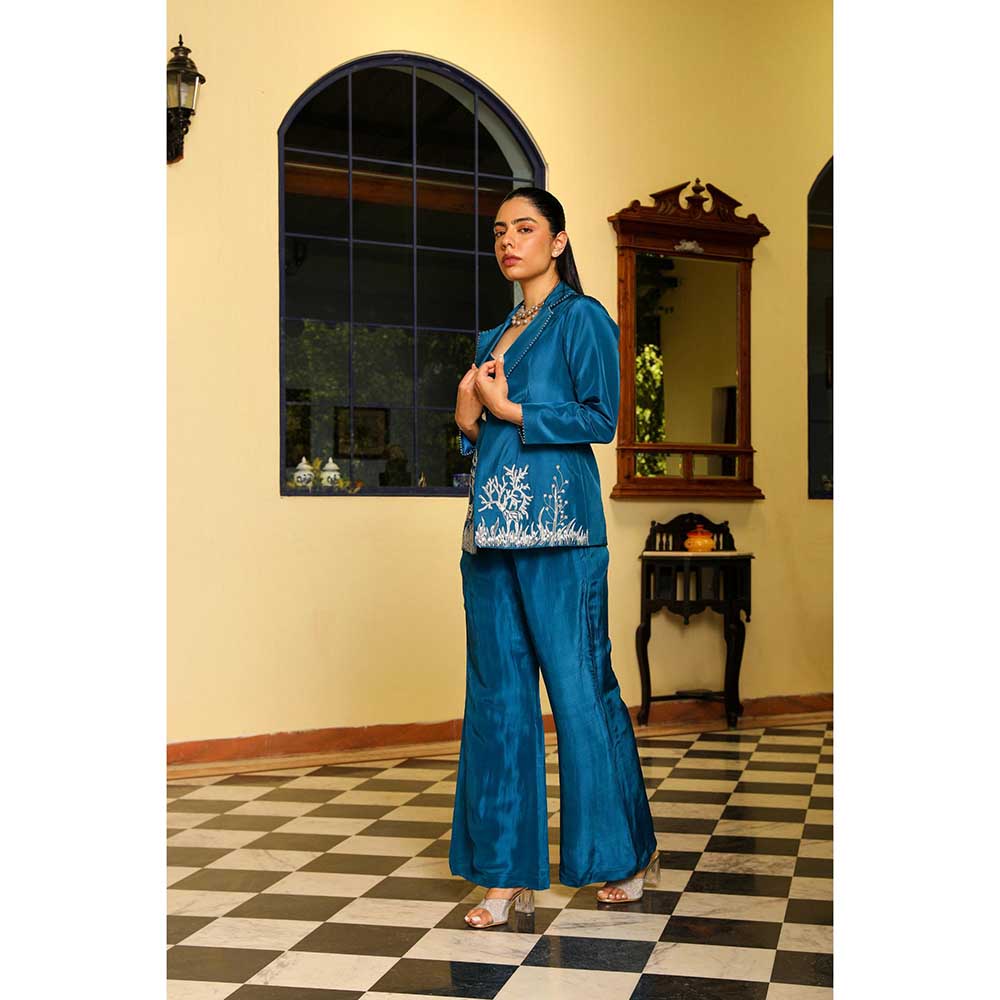 Ajiesh Oberoi Crystal Sleeves Deer Embroidery Jacket With Pant And Bustier- Teal