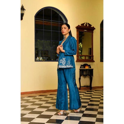Ajiesh Oberoi Crystal Sleeves Deer Embroidery Jacket With Pant And Bustier- Teal