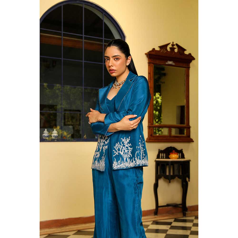 Ajiesh Oberoi Crystal Sleeves Deer Embroidery Jacket With Pant And Bustier- Teal