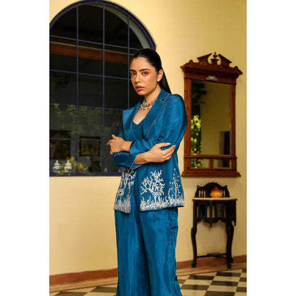 Ajiesh Oberoi Crystal Sleeves Deer Embroidery Jacket With Pant And Bustier- Teal