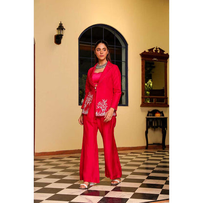 Ajiesh Oberoi Crystal Sleeves Deer Embroidery Jacket With Pant And Bustier- Red