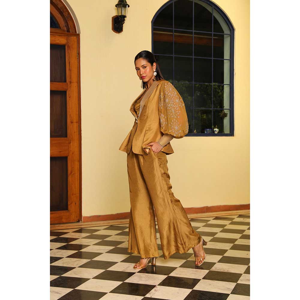 Ajiesh Oberoi Organza Embellished Jacket With Pant And Bustier - Gold