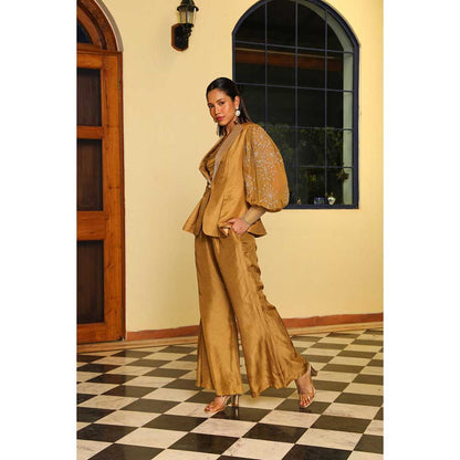 Ajiesh Oberoi Organza Embellished Jacket With Pant And Bustier - Gold