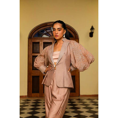 Ajiesh Oberoi Organza Embellished Jacket With Pant And Bustier - Tan