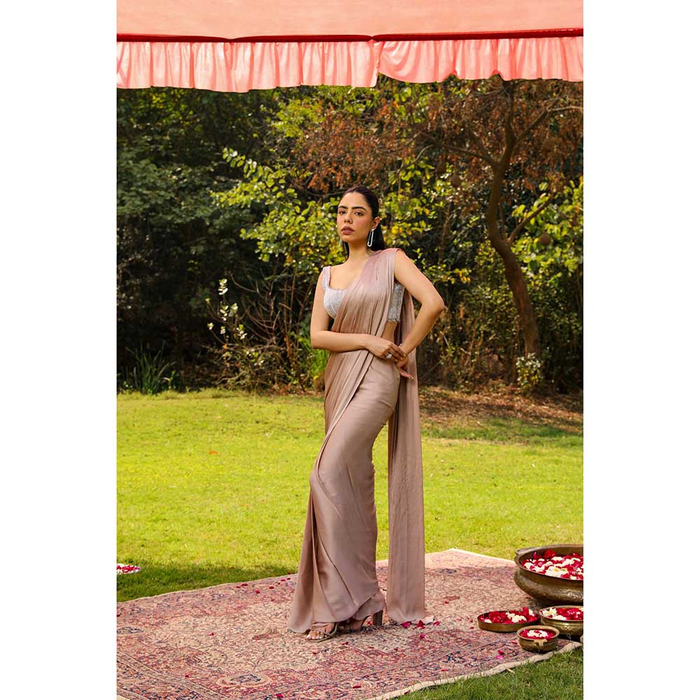 Ajiesh Oberoi Heavy Dori And Cut Dana Embellished Stitched Blouse With Drape Saree - Pink