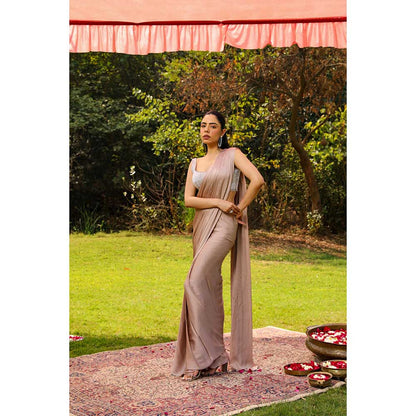 Ajiesh Oberoi Heavy Dori And Cut Dana Embellished Stitched Blouse With Drape Saree - Pink