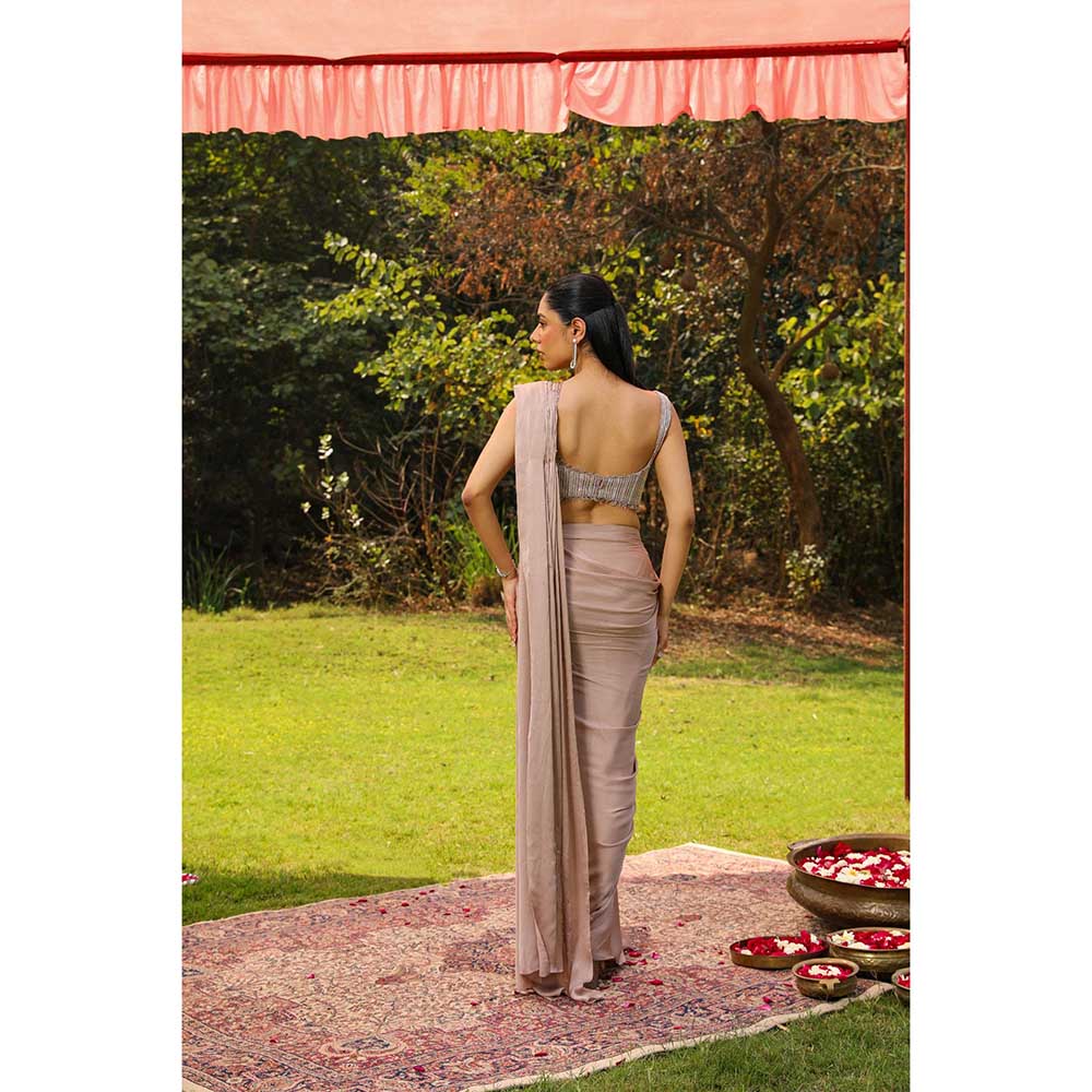Ajiesh Oberoi Heavy Dori And Cut Dana Embellished Stitched Blouse With Drape Saree - Pink