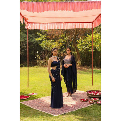 Ajiesh Oberoi Droplet Strings Mermaid Pre-Draped Saree With Dori Stitched Blouse - Navy Blue