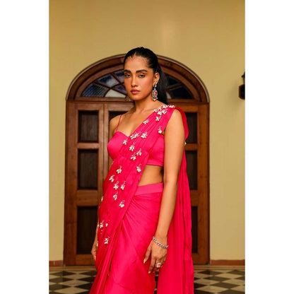 Ajiesh Oberoi Droplet Strings Mermaid Pre-Draped Saree With Dori Stitched Blouse - Pink