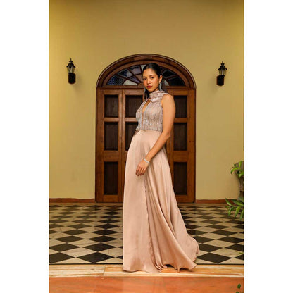 Ajiesh Oberoi Star Shot Neckband And Yoke Embroidery Flared Jumpsuit - Taupe