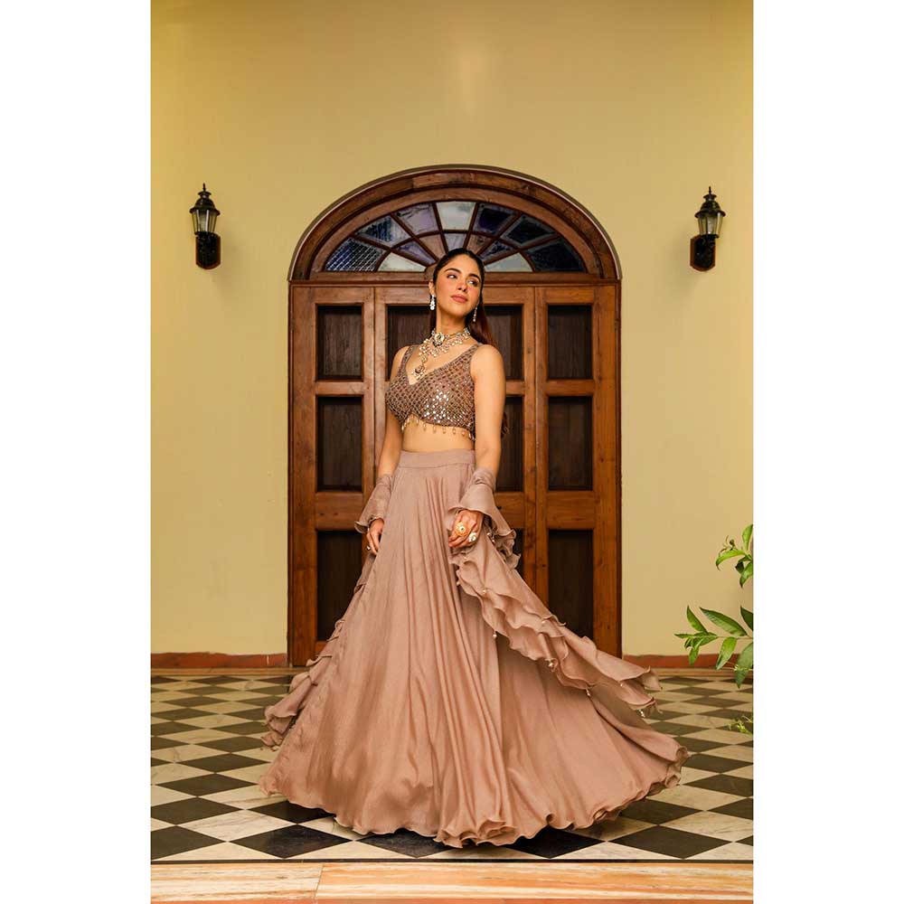 Ajiesh Oberoi Crystal Sheet Embraided Lehenga With Stitched Blouse And Dupatta - Brown