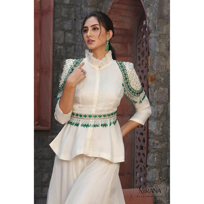 Akanksha Mago Meher Off White Embellished Peplum Top with Sharara & Belt (Set of 3)