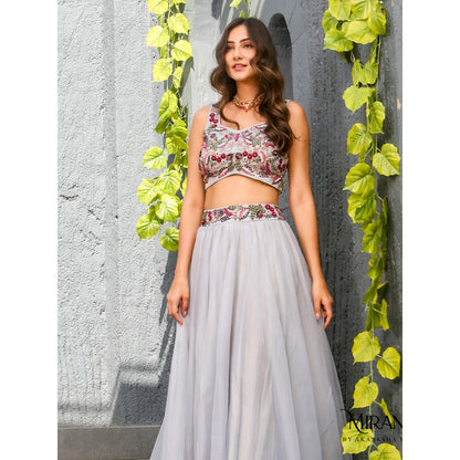 Akanksha Mago Alia Embellished Grey Blouse with Cape & Lehenga (Set of 3)