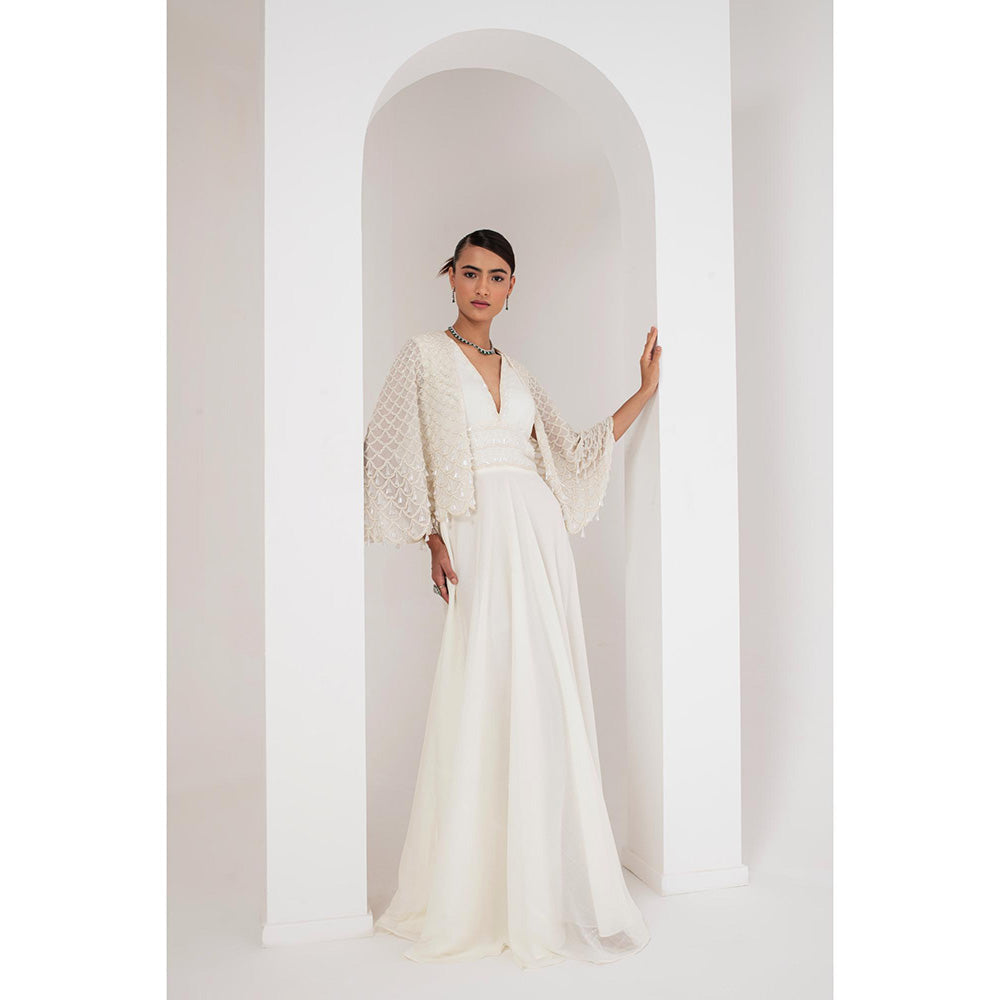 AKARA Women's White Embellished Maxi Dress with Cape (Set of 2)