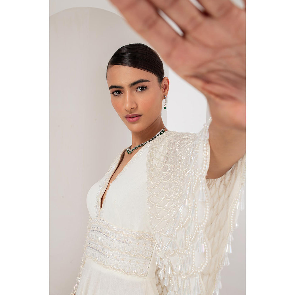 AKARA Women's White Embellished Maxi Dress with Cape (Set of 2)