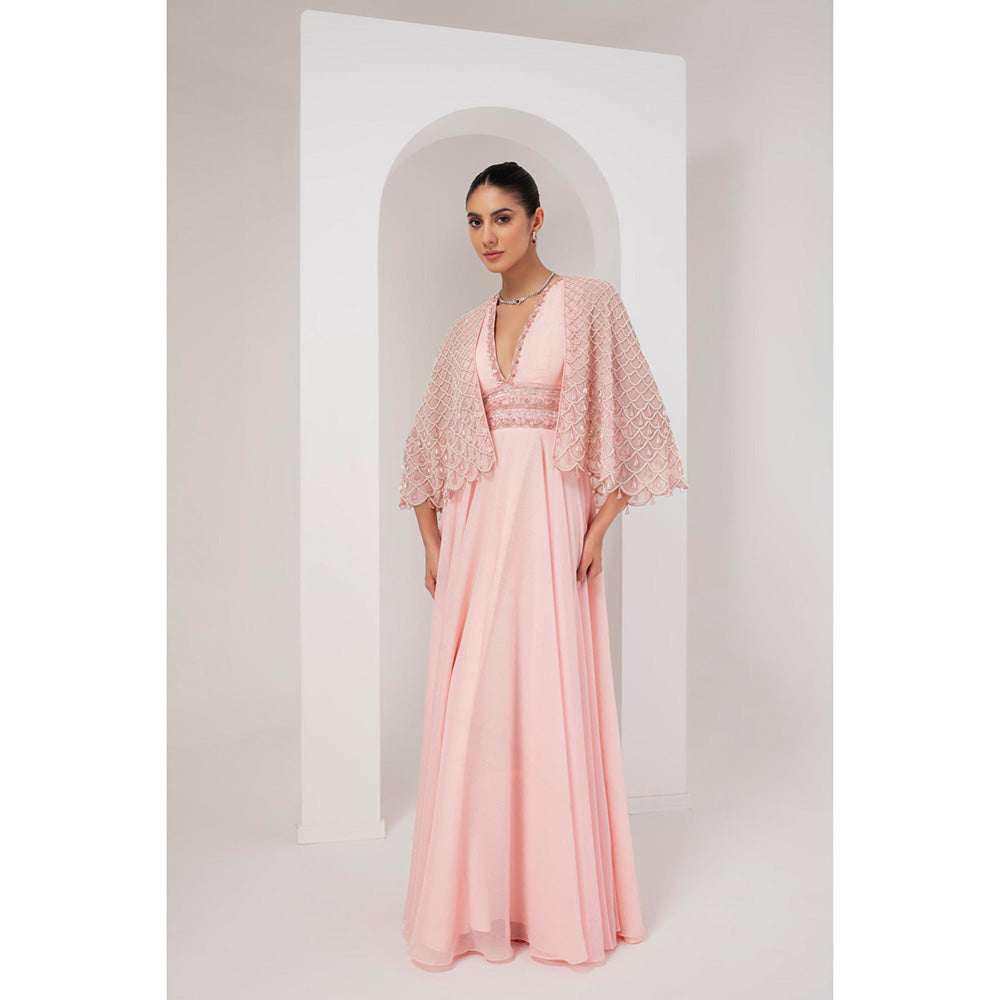 AKARA Women's Pastel Pink Embellished Maxi Dress with Cape (Set of 2)