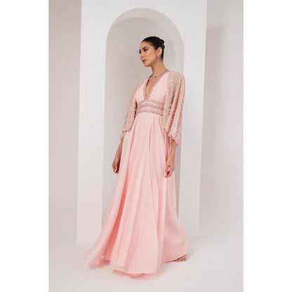 AKARA Women's Pastel Pink Embellished Maxi Dress with Cape (Set of 2)
