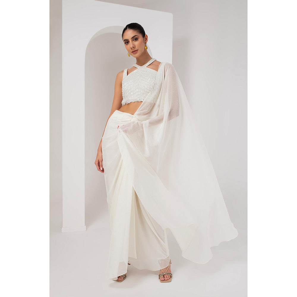 AKARA Women's Ivory Crystal Embellished Pre Drape Saree with Stitched Blouse
