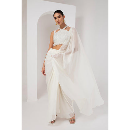 AKARA Women's Ivory Crystal Embellished Pre Drape Saree with Stitched Blouse