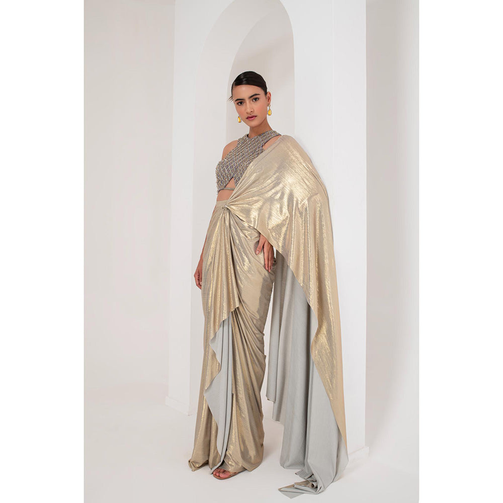 AKARA Women's Grey Metallic Embellished Pre Drape Saree with Stitched Blouse
