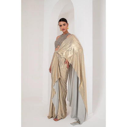 AKARA Women's Grey Metallic Embellished Pre Drape Saree with Stitched Blouse