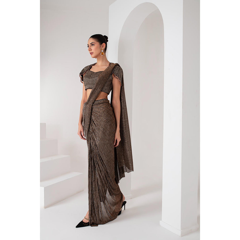 AKARA Women's Brown Crystal Embellished Pre Drape Saree with Stitched Blouse