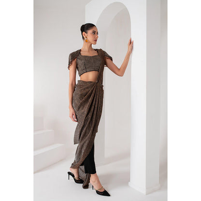 AKARA Women's Brown Crystal Embellished Pre Drape Saree with Stitched Blouse