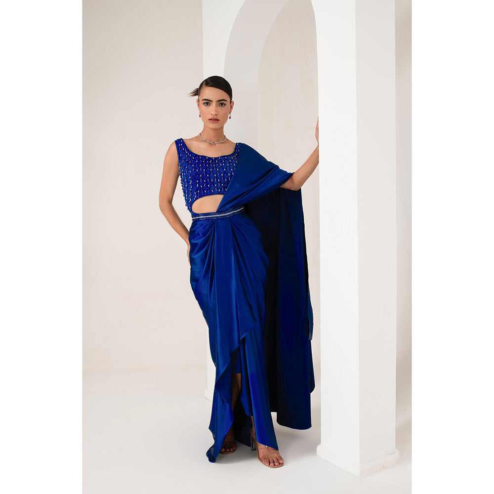 AKARA Women's Blue Embellished Pre Drape Saree with Stitched Blouse