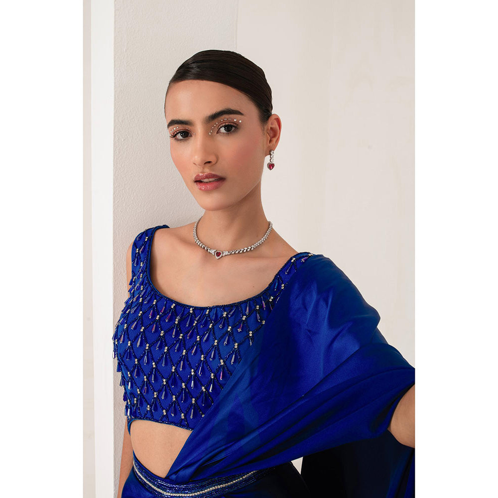 AKARA Women's Blue Embellished Pre Drape Saree with Stitched Blouse