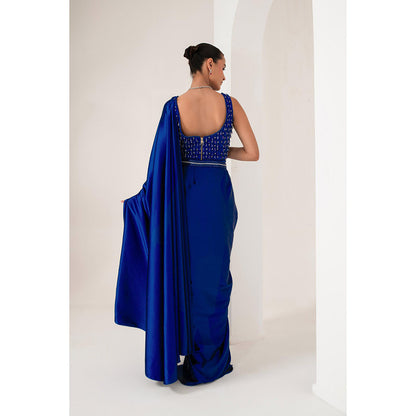 AKARA Women's Blue Embellished Pre Drape Saree with Stitched Blouse