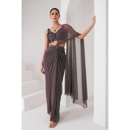 AKARA Women's Lavender Crystal Embellished Pre Drape Saree with Stitched Blouse