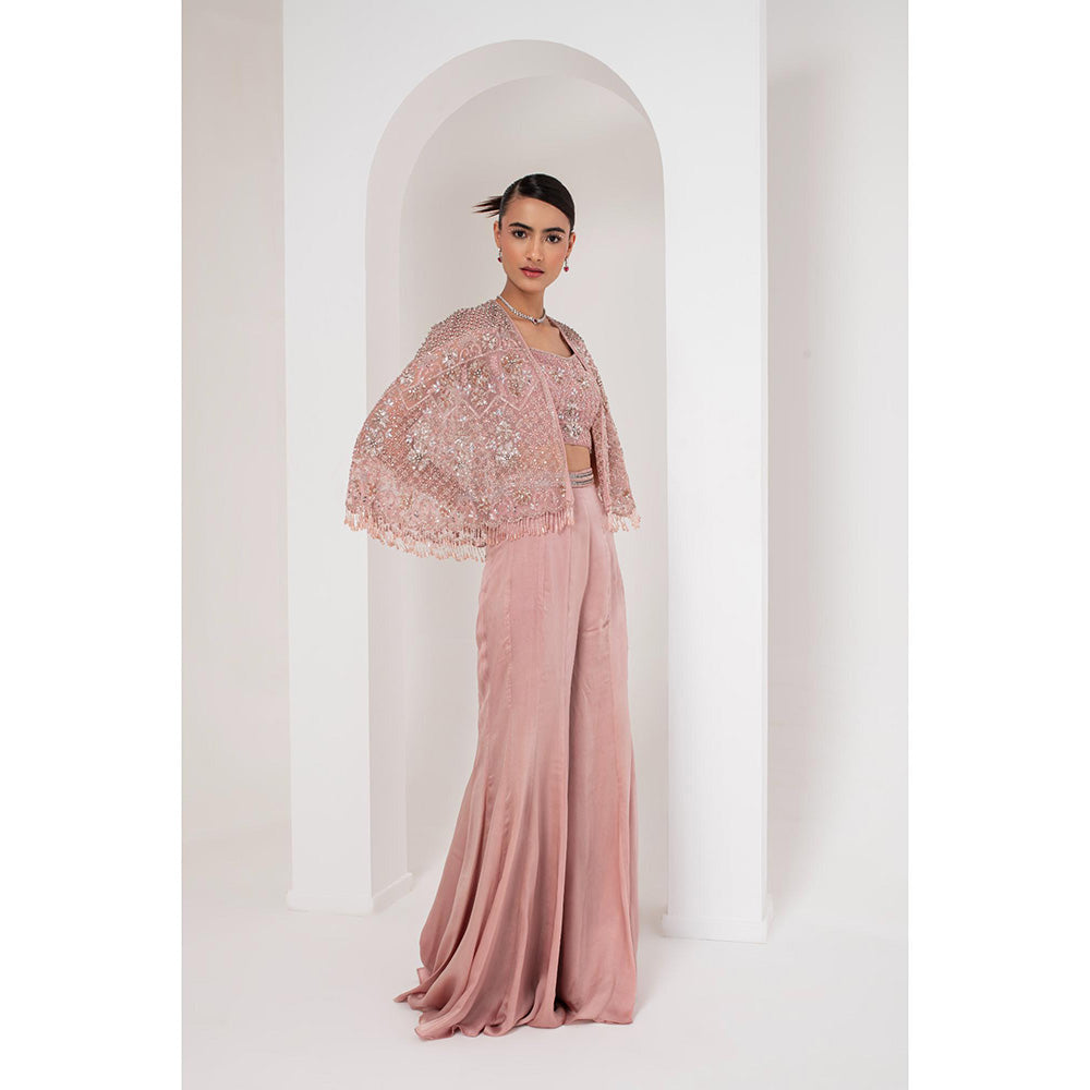 AKARA Women's Mauve Blouse with Sharara and Embellished Cape (Set of 3)