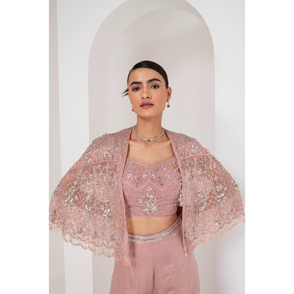 AKARA Women's Mauve Blouse with Sharara and Embellished Cape (Set of 3)